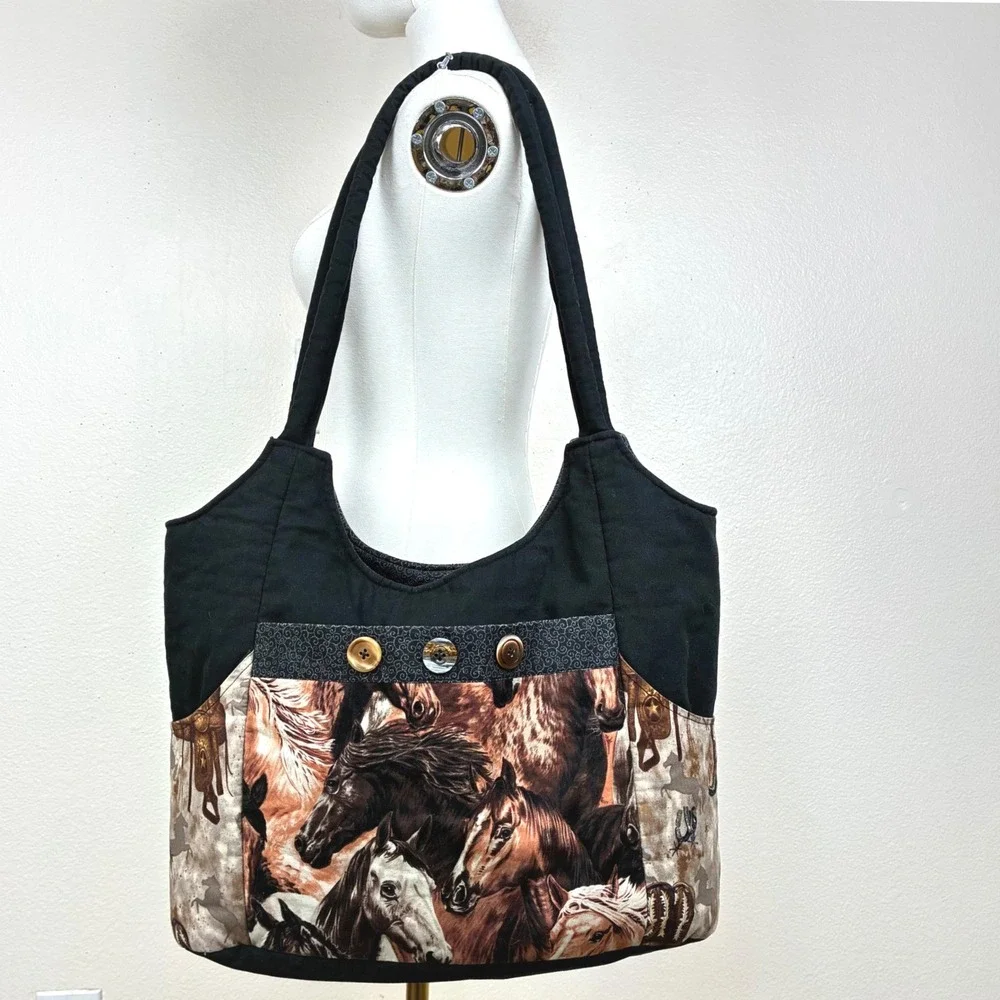 Handmade Vintage Horse Bag Tote Quilted Novelty Western Patchwork Oversized Boho